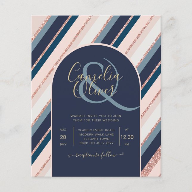 BUDGET Navy Blush Pink Rose Gold Wedding INVITE Flyer (Front)