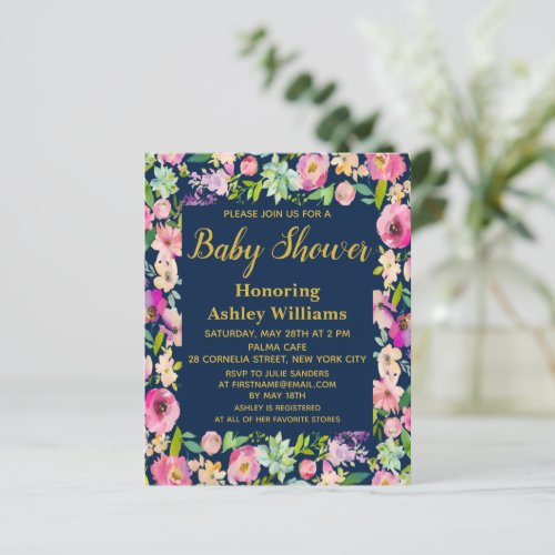 Budget Navy Boho Flowers Baby Shower Invitations