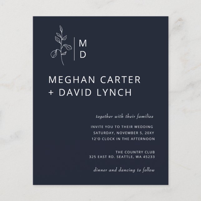 Budget Navy Botanical Monogram Wedding Invitation (Front)