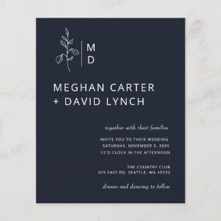 Budget Navy Botanical Monogram Wedding Invitation