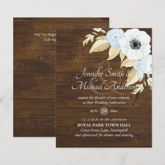 Budget Navy Bue White Anemone Wedding Invitations (Front/Back)