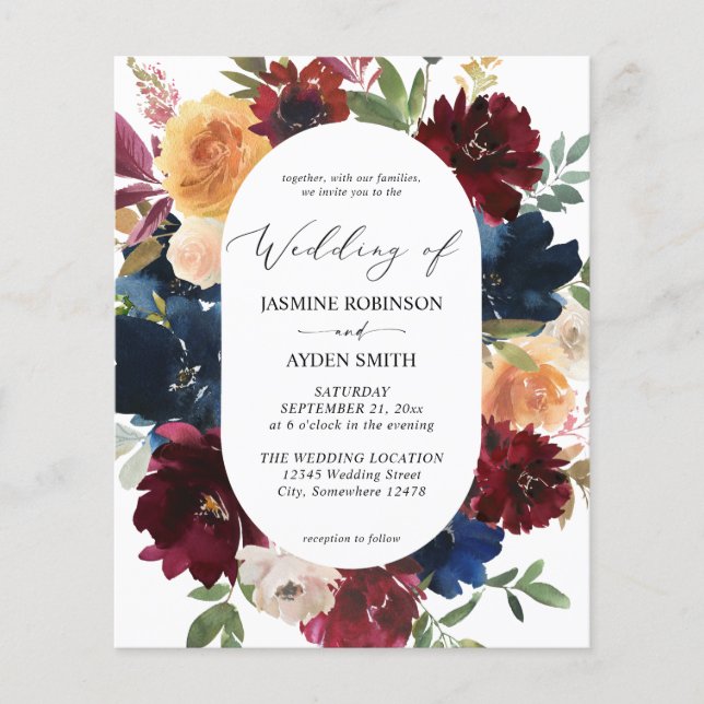 Budget Navy Burgundy Pink & Peach 2 Floral Wedding Flyer (Front)