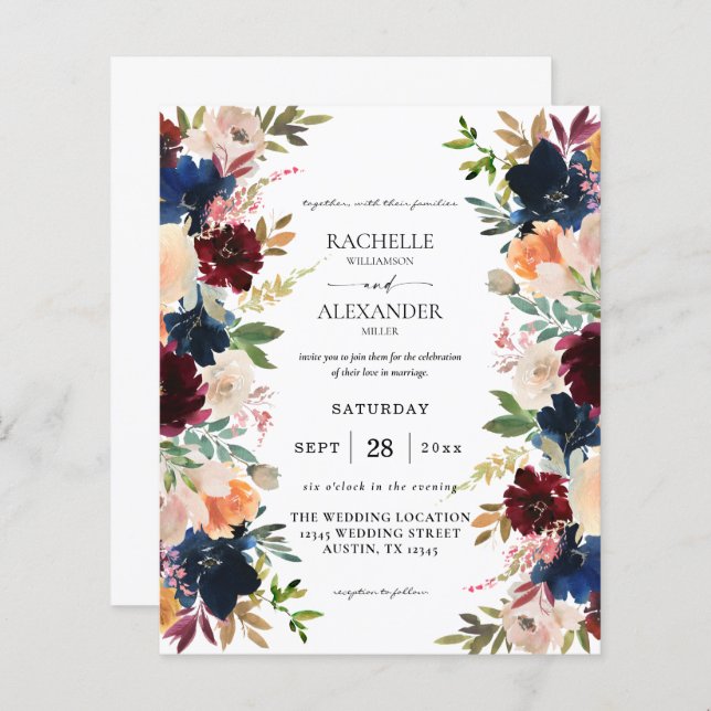 Budget Navy, Burgundy, Pink & Peach Floral Wedding (Front/Back)