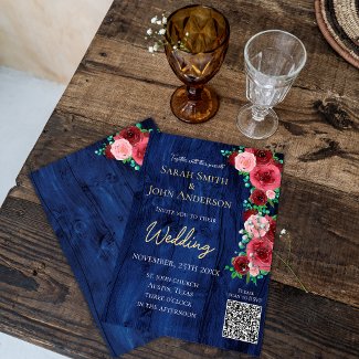 Budget Navy Burgundy Watercolor Wedding Invitation