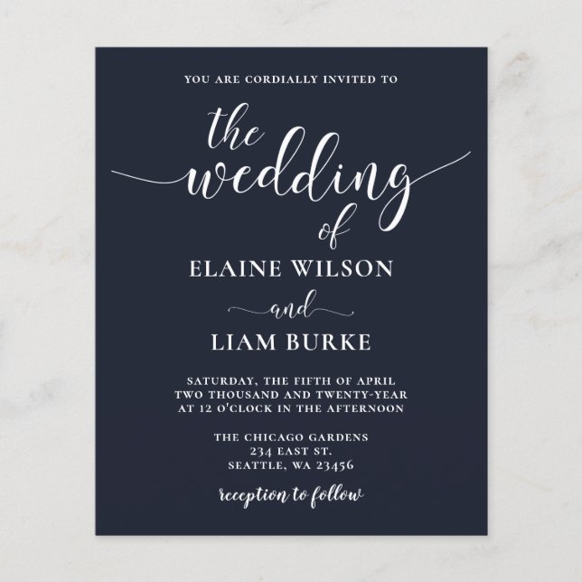 Budget Navy Calligraphy Modern Wedding Invitation (Front)