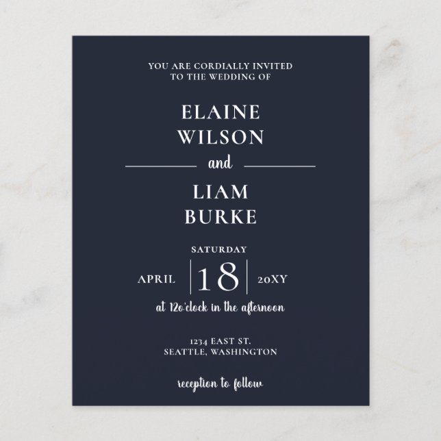 Budget Navy Calligraphy Modern Wedding Invitation (Front)