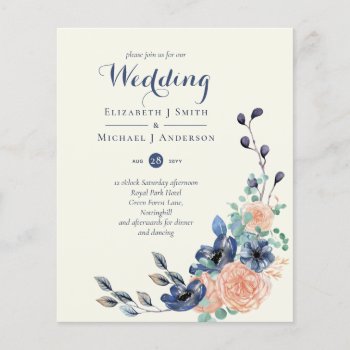 BUDGET Navy Coral Floral Wedding Invitations