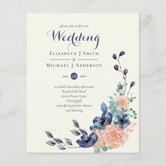 BUDGET Navy Coral Floral Wedding Invitations Flyer (Front)