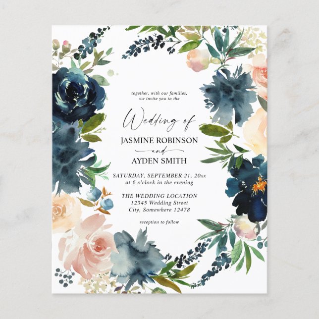 Budget Navy Dusty Blue & Pink Blush 2 Wedding Flyer (Front)