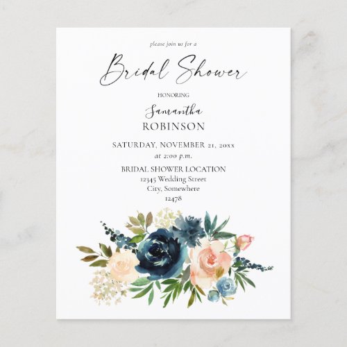 Budget Navy Dusty Blue Pink Floral Bridal Shower Flyer