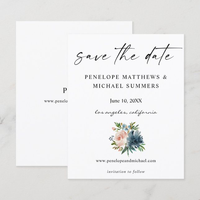 Budget Navy Dusty Blue & Pink Floral Save the Date (Front/Back)