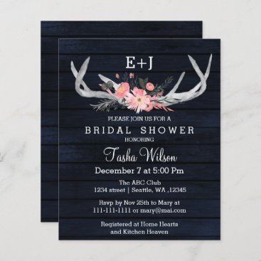 Budget Navy Floral Antler Bridal Shower Invitation