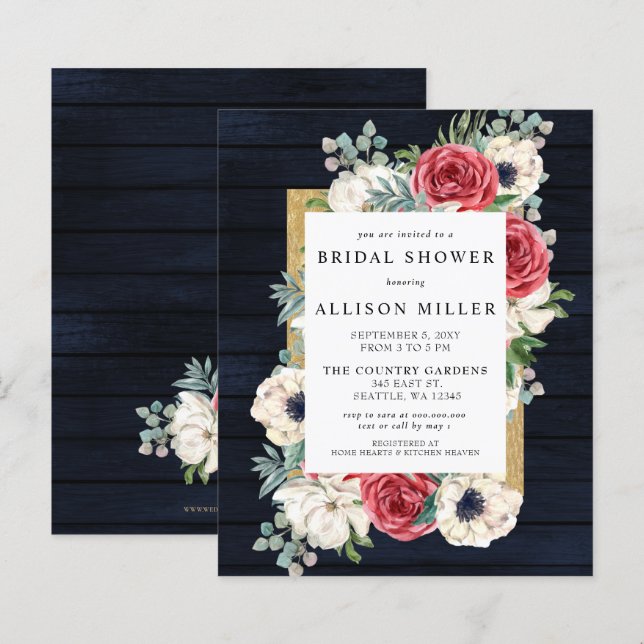 Budget Navy Floral Bridal Shower Invitation (Front/Back)