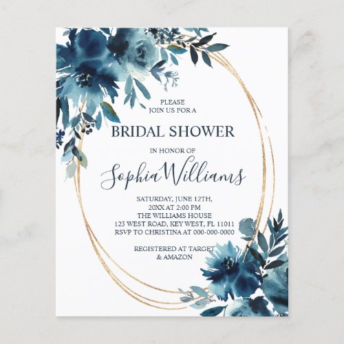 Budget Navy Flower  Gold Bridal Shower Invitation