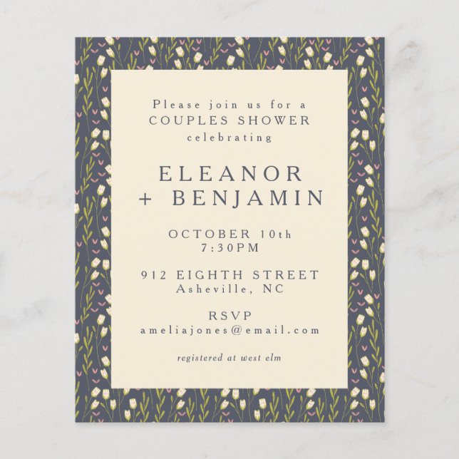 Budget Navy Garden Floral Couples Shower Invite (Front)