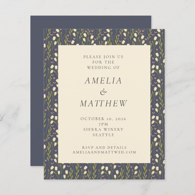 Budget Navy Garden Floral Rustic Wedding Invite (Front/Back)