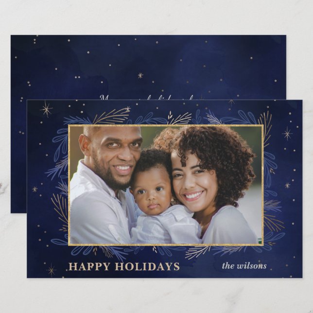 Budget Navy Gold Botanical Photo Holiday Card (Front/Back)