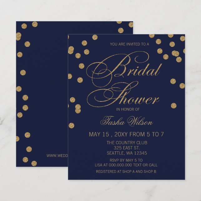 Budget Navy Gold Confetti Bridal Shower Invitation (Front/Back)