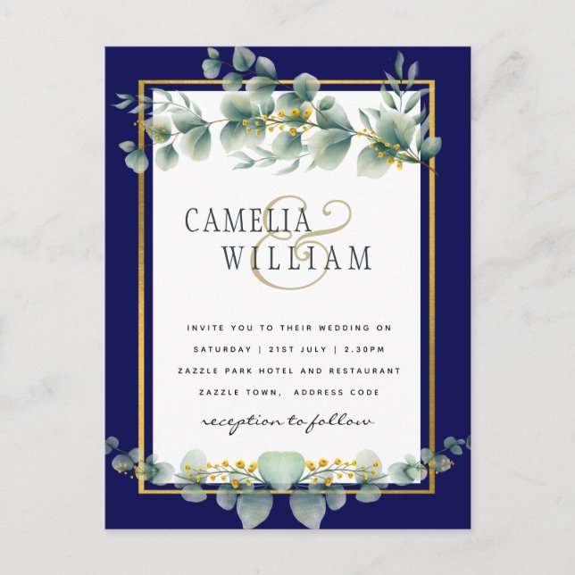 BUDGET NAVY GOLD Eucalyptus Wedding Invite QR CODE (Front)