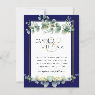 BUDGET NAVY GOLD Eucalyptus Wedding Invite QR CODE