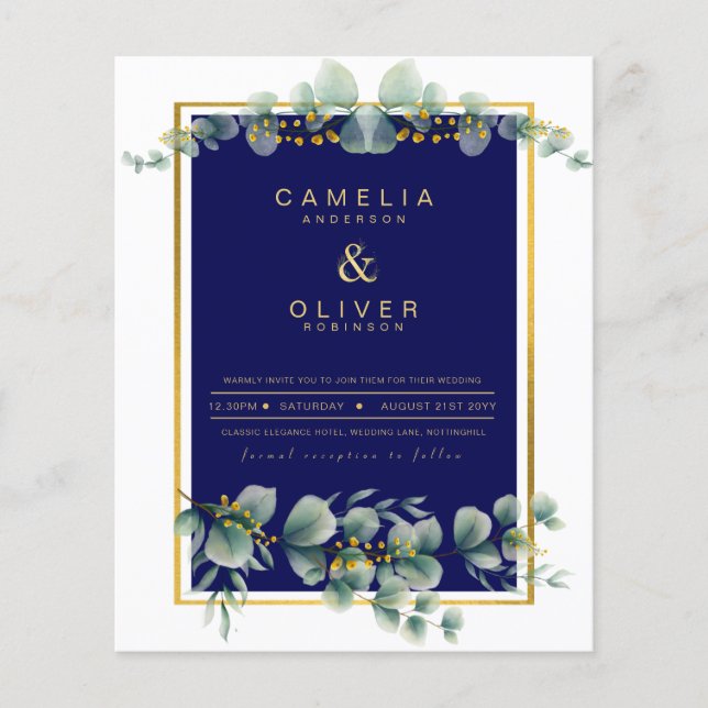 BUDGET NAVY GOLD Eucalyptus Wedding Invite QR CODE Flyer (Front)