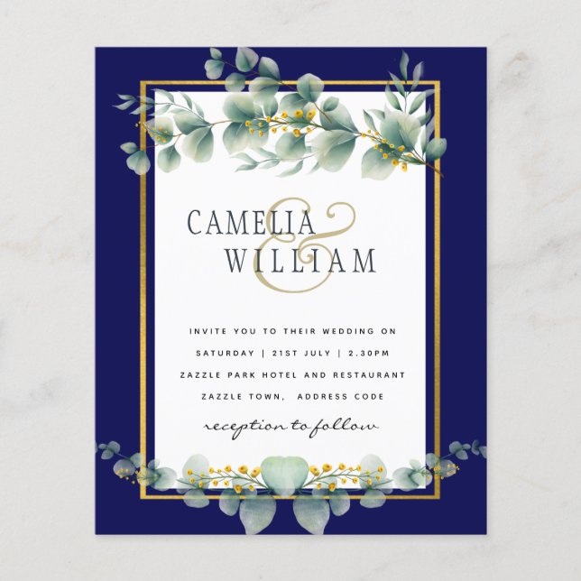 BUDGET NAVY GOLD Eucalyptus Wedding Invite QR CODE Flyer (Front)
