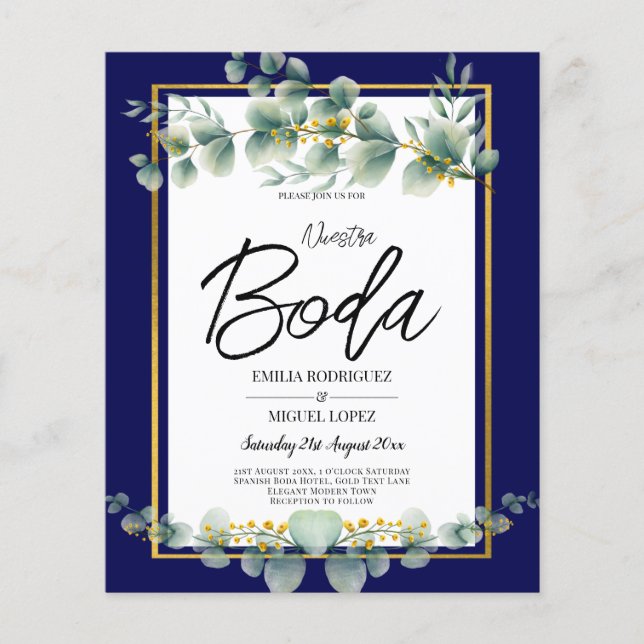 BUDGET NAVY GOLD Eucalyptus Wedding Invite QR CODE Flyer (Front)