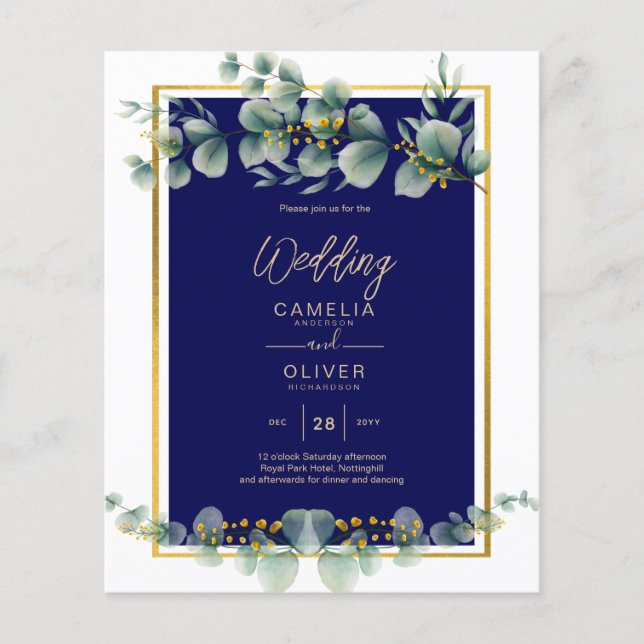 BUDGET NAVY GOLD Eucalyptus Wedding Invite QR CODE Flyer (Front)
