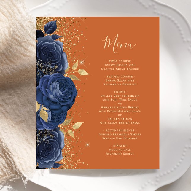 Budget Navy Gold Floral Burnt Orange Wedding Menu (Creator Uploaded)