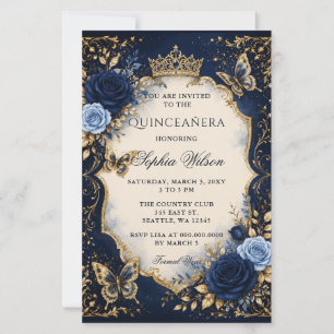 Budget Navy Gold Floral Butterfly Quinceañera