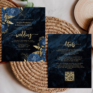 Budget Navy Gold Floral QR Code Wedding Invite