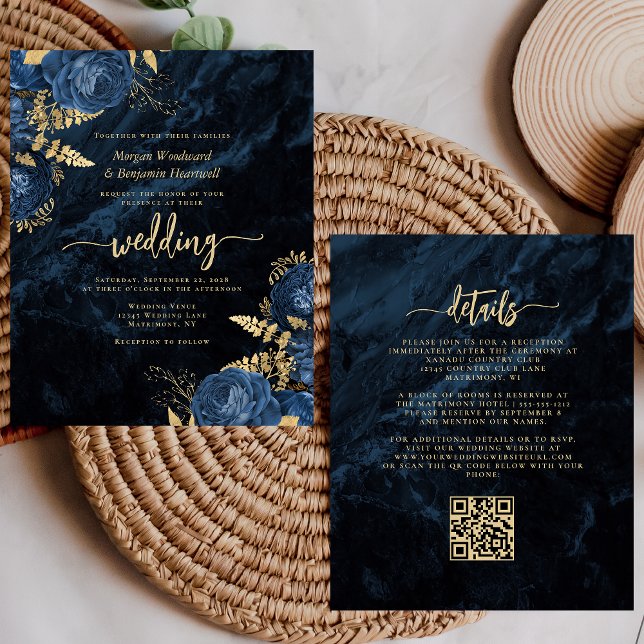 Budget Navy Gold Floral QR Code Wedding Invite (Creator Uploaded)