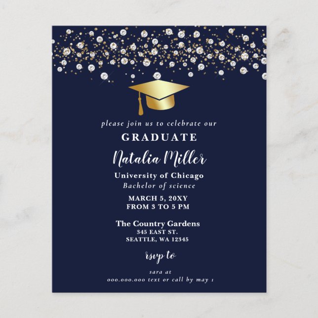 Budget Navy Gold Grad Hat Graduation Invitation (Front)