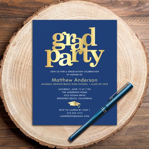 Budget navy gold graduation cap bold party invite 