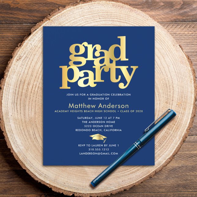 Budget navy gold graduation cap bold party invite  (Creator Uploaded)