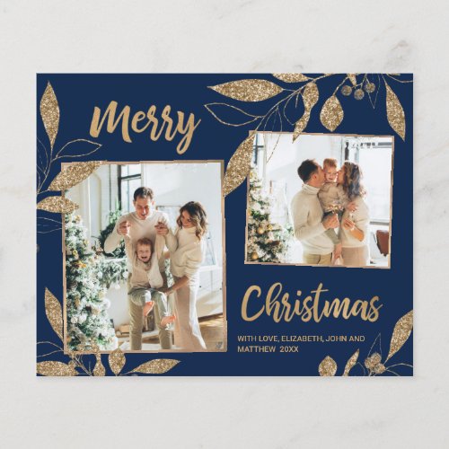 Budget Navy Gold Leaves 2 Photo Christmas Card