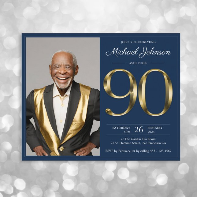 Budget Navy Gold Photo 90th Birthday Invitation (Mockup View)