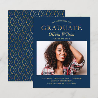Budget Navy Gold Photo Graduation Invitations