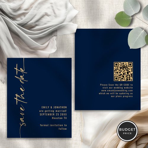 Budget Navy Gold Script QR Wedding Save the Date