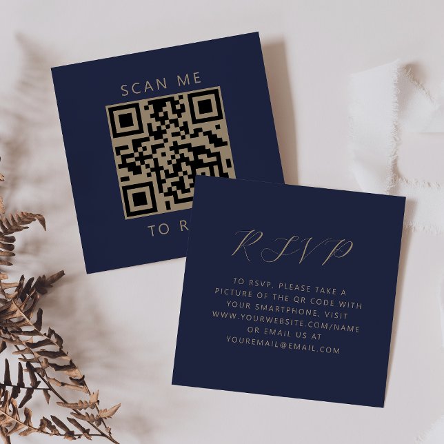 Budget Navy Gold Script Wedding QR Code RSVP Enclosure Card (Creator Uploaded)