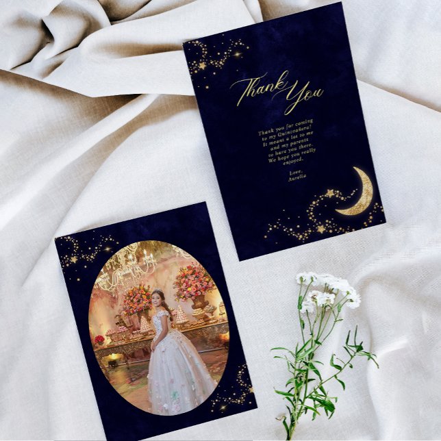 BUDGET Navy Gold Under the Stars Quinceañera Photo Note Card (Creator Uploaded)