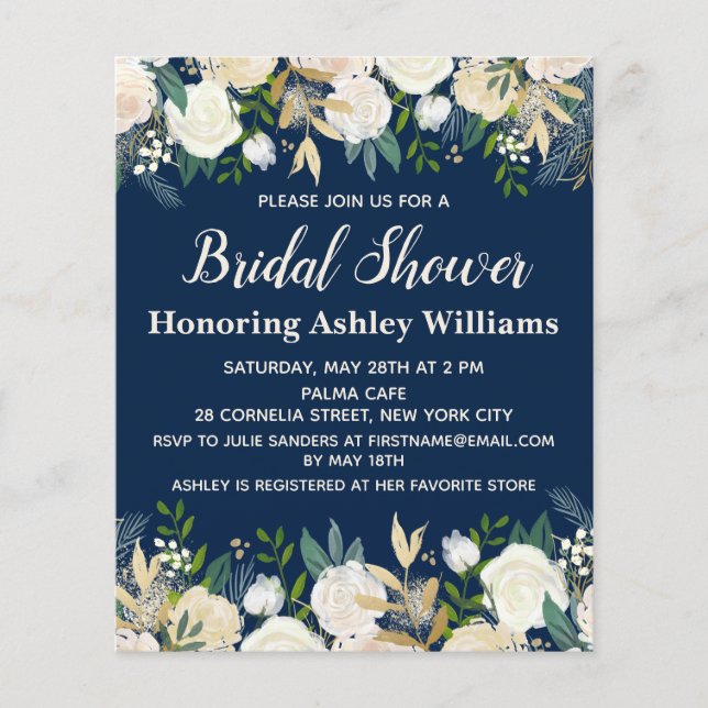 Budget Navy Greenery Rose Bridal Shower Invitation (Front)