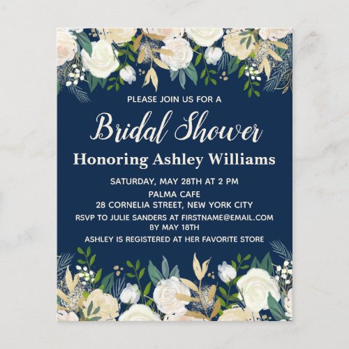 Budget Navy Greenery Rose Bridal Shower Invitation