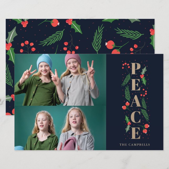 Budget Navy Holly Berry Peace Photo Holiday Card (Front/Back)