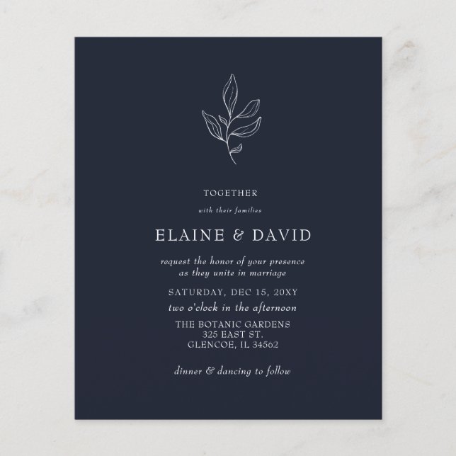 Budget Navy Modern Botanical Wedding Invitations (Front)