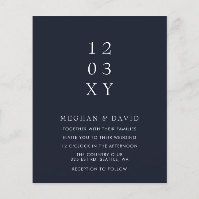 Budget Navy Modern Wedding Invitation (Front)