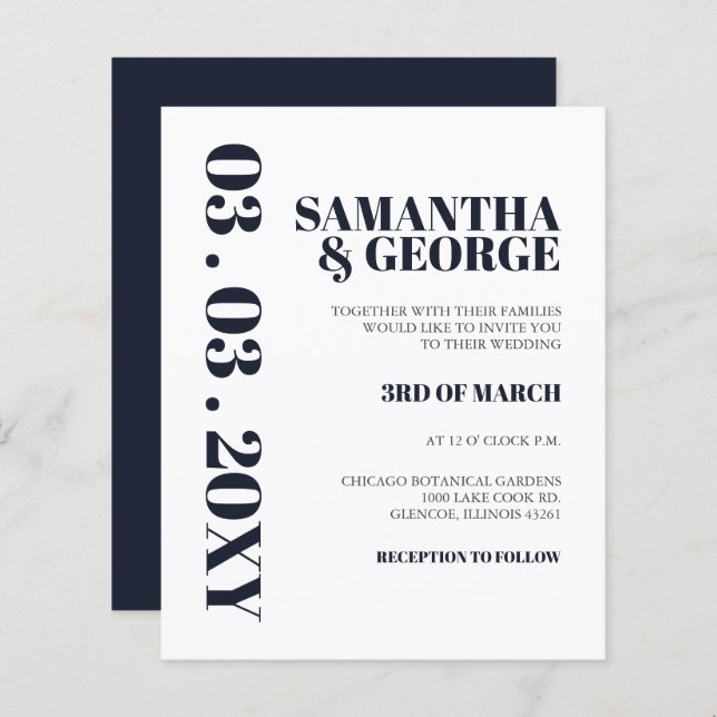 Budget Navy Modern Wedding Invitation (Front/Back)