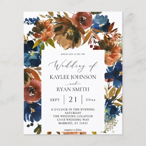 Budget Navy Orange  Brown Floral 2 Wedding Flyer