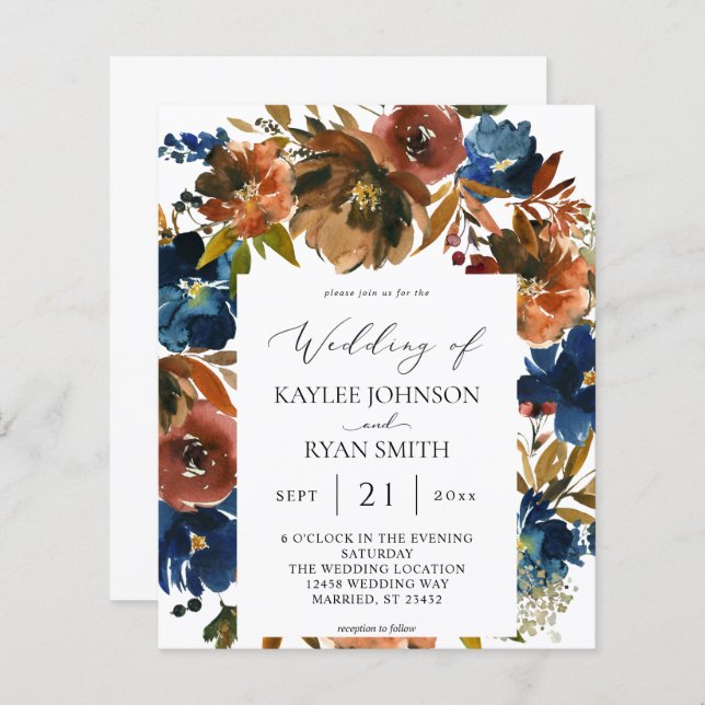 Budget Navy, Orange & Brown Floral 2 Wedding Paper (Front/Back)