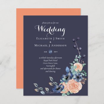 BUDGET Navy Peach Floral Wedding Invitation